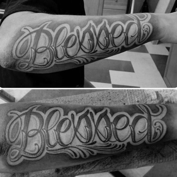 Blessed Written in Old English Font on Arm  Tattoo Designs Tattoo Pictures